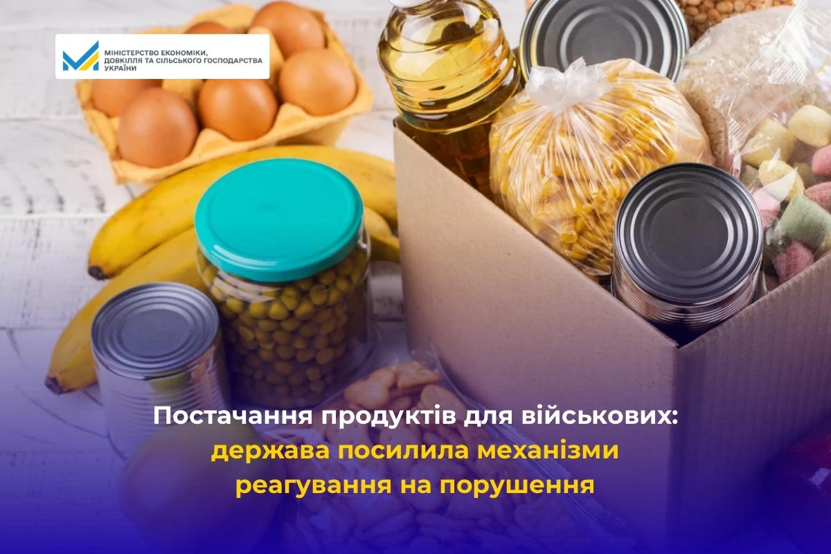 Картонна коробка з консервами, крупами та фруктами для забезпечення військових якісними продуктами