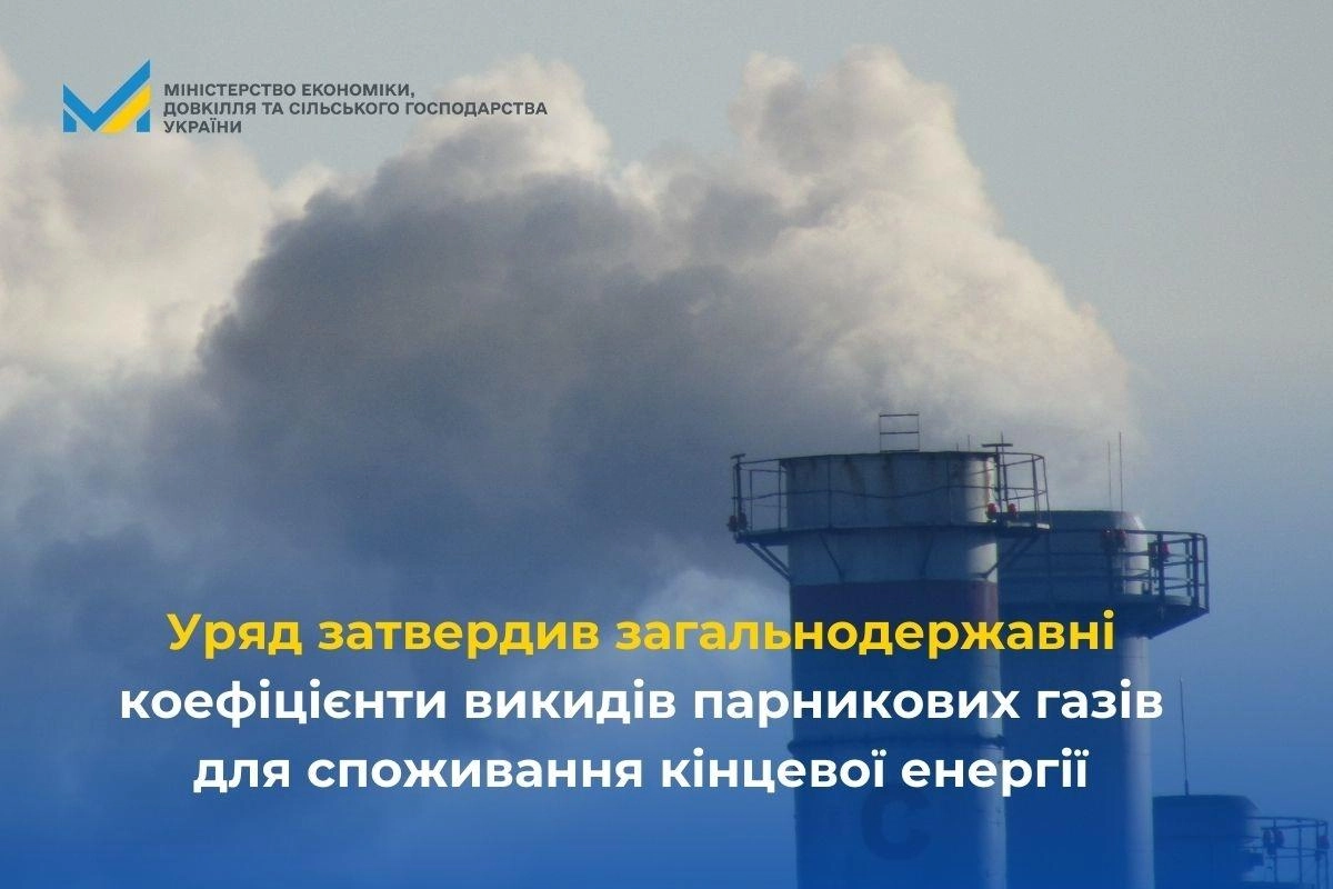 Димарі на фоні хмар, текст про затвердження коефіцієнтів викидів парникових газів в Україні