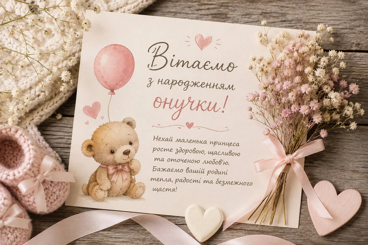 Привітання з народженням онучки - ніжна листівка з побажаннями